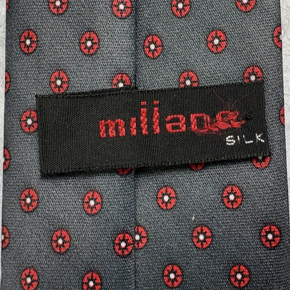 Milano Mens Silk Tie Vintage 1990s Charcoal Gray Red Geometric Medallion